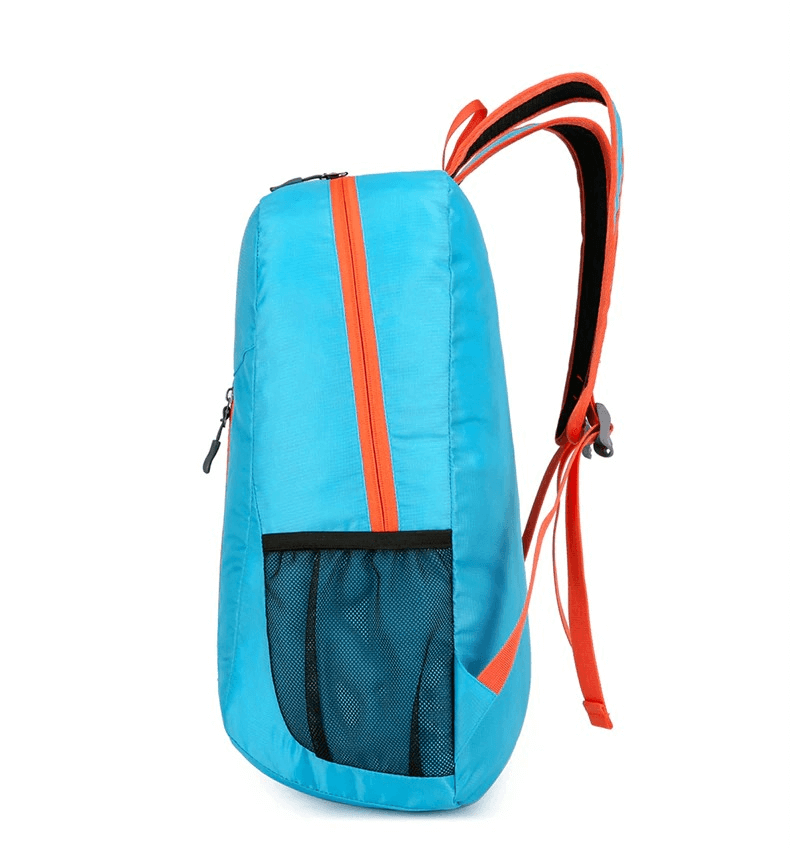 Vibrant blue and orange 22L folding cycling backpack, showing side view with mesh pocket, ideal for lightweight travel adventures.