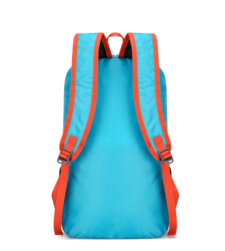 Sky blue ultralight folding cycling backpack with orange straps, perfect for adventures. Durable, water-repellent, and compact design.