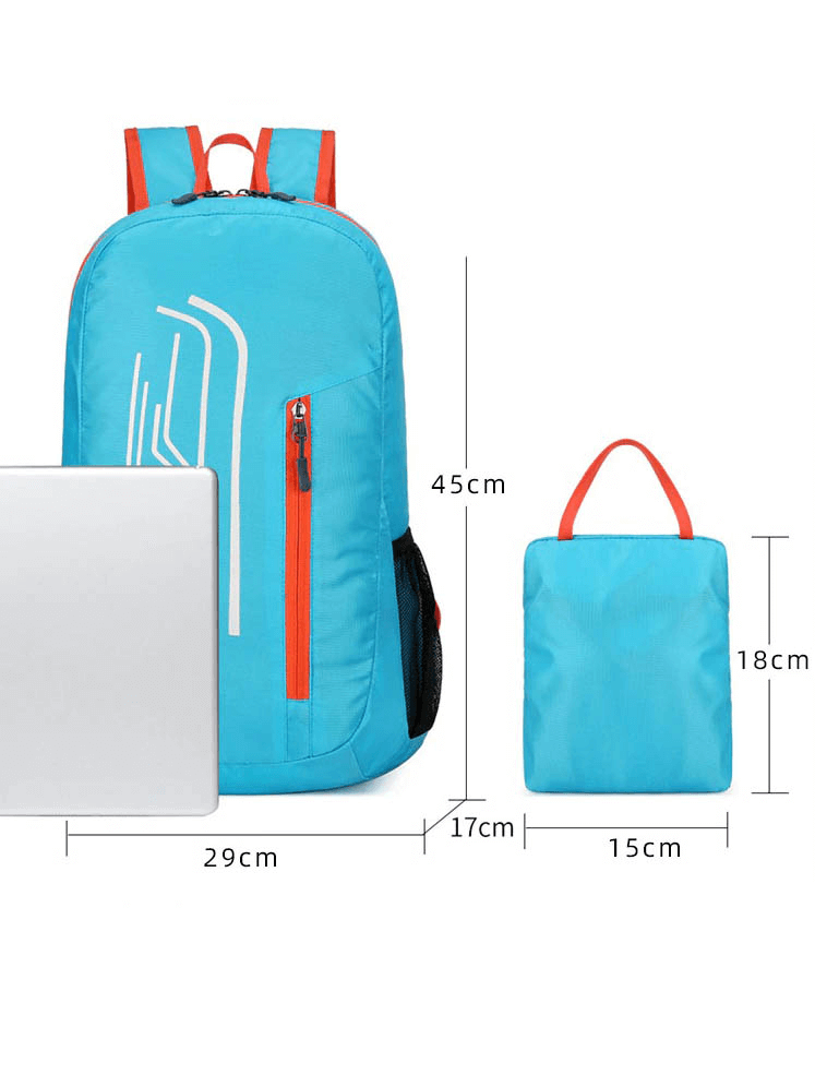 Blue ultralight cycling backpack folded and unfolded, dimensions highlighted, perfect for travel and outdoor adventures.