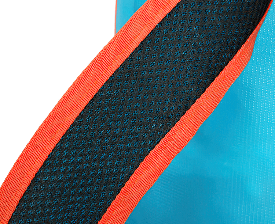 Close-up of blue foldable cycling backpack strap with orange trim, highlighting durable fabric.