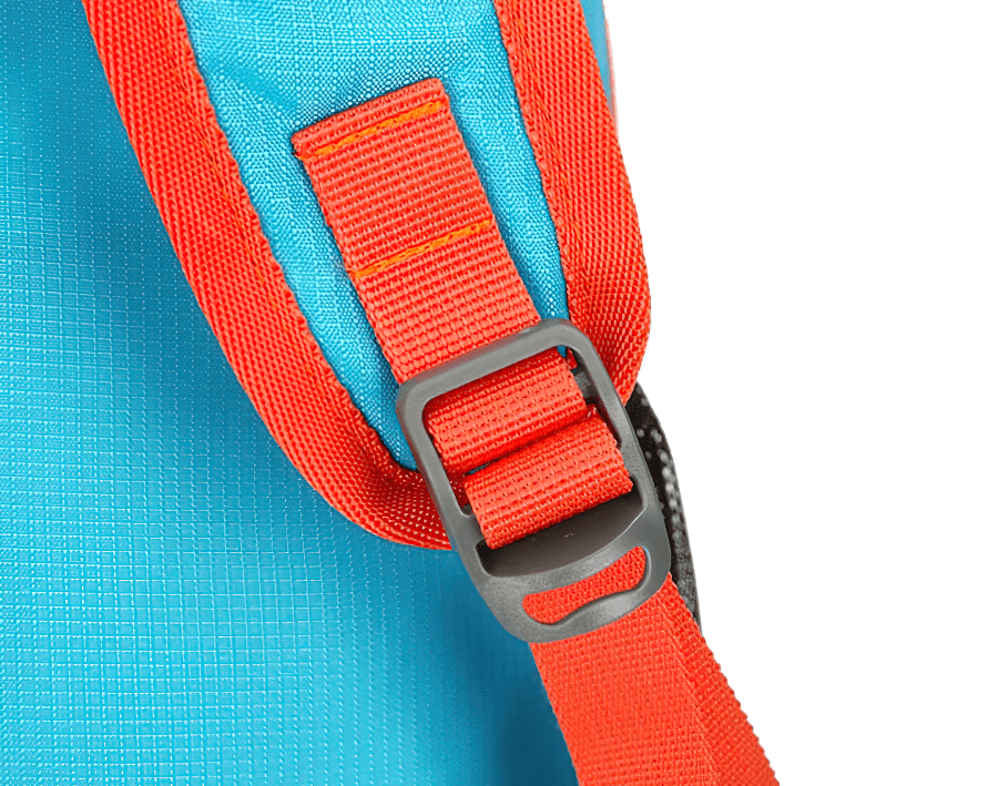 Close-up of a buckle on a 22L foldable ultralight cycling backpack, featuring vibrant blue and orange straps.