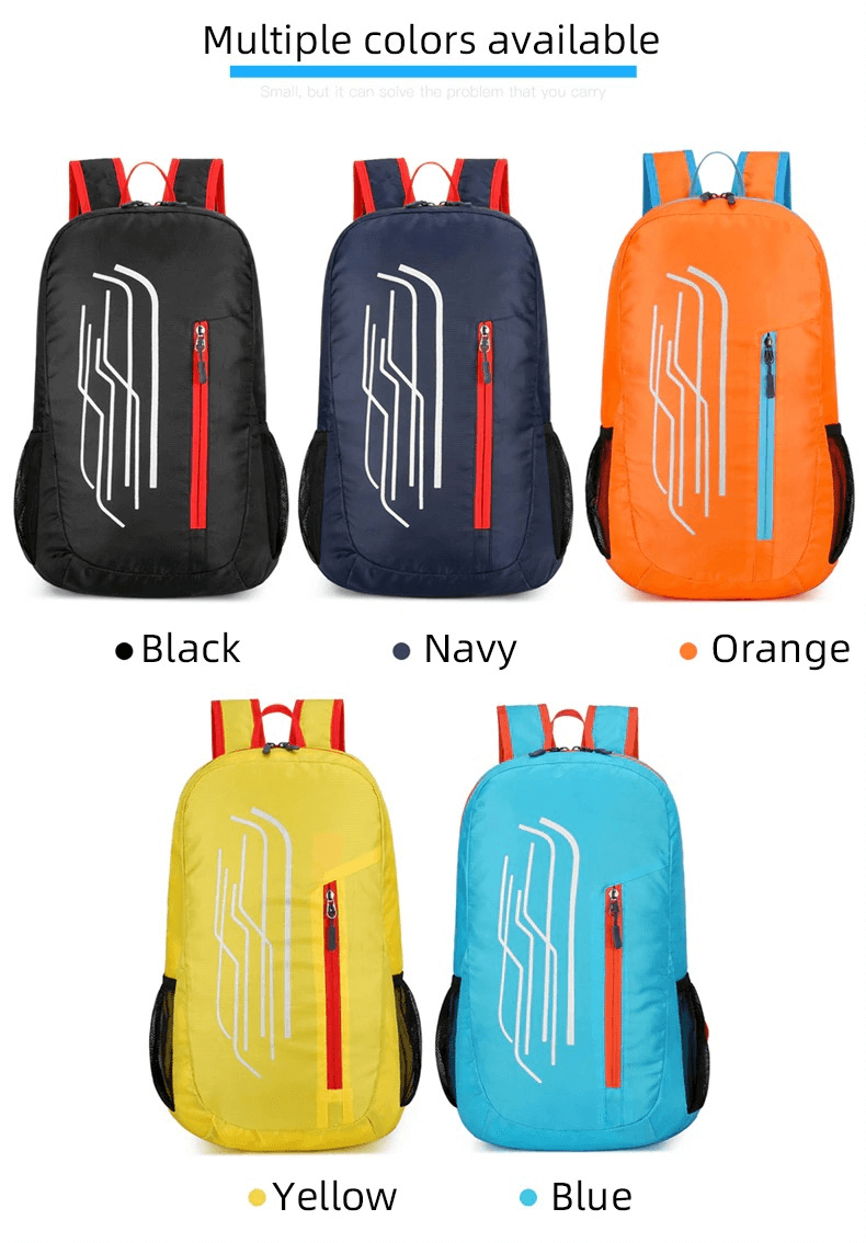 Five colorful folding cycling backpacks: black, navy, orange, yellow, blue. Lightweight, 22L capacity, perfect for adventures.