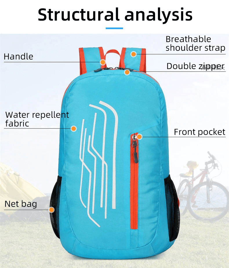Blue 22L folding cycling backpack with breathable straps, water-repellent fabric, and multiple pockets including front and net bag.