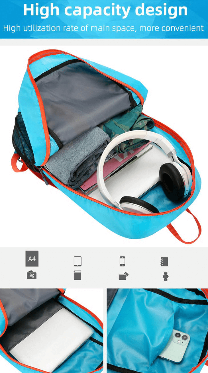 22L foldable ultralight cycling backpack, high capacity, open with headphones, tablets, and clothing inside, ideal for travel.