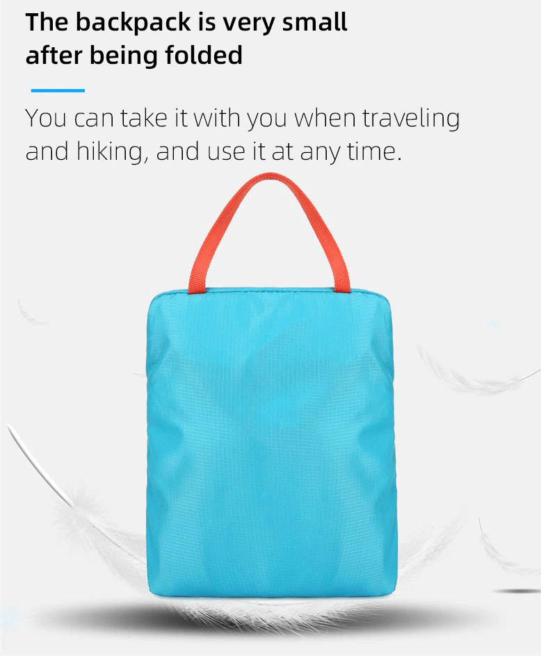 Blue folded ultralight cycling backpack with orange handles, ideal for travel and hiking, shown compact for easy carrying.