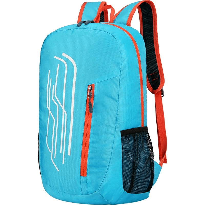 Sky blue ultralight cycling backpack with orange accents, 22L capacity, mesh pockets, and sleek design for adventure-ready cyclists.