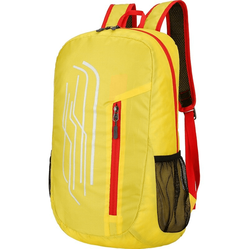 22L Portable Folding Ultralight Cycling Backpack in yellow with red accents, featuring durable water-repellent polyester for cycling adventures.
