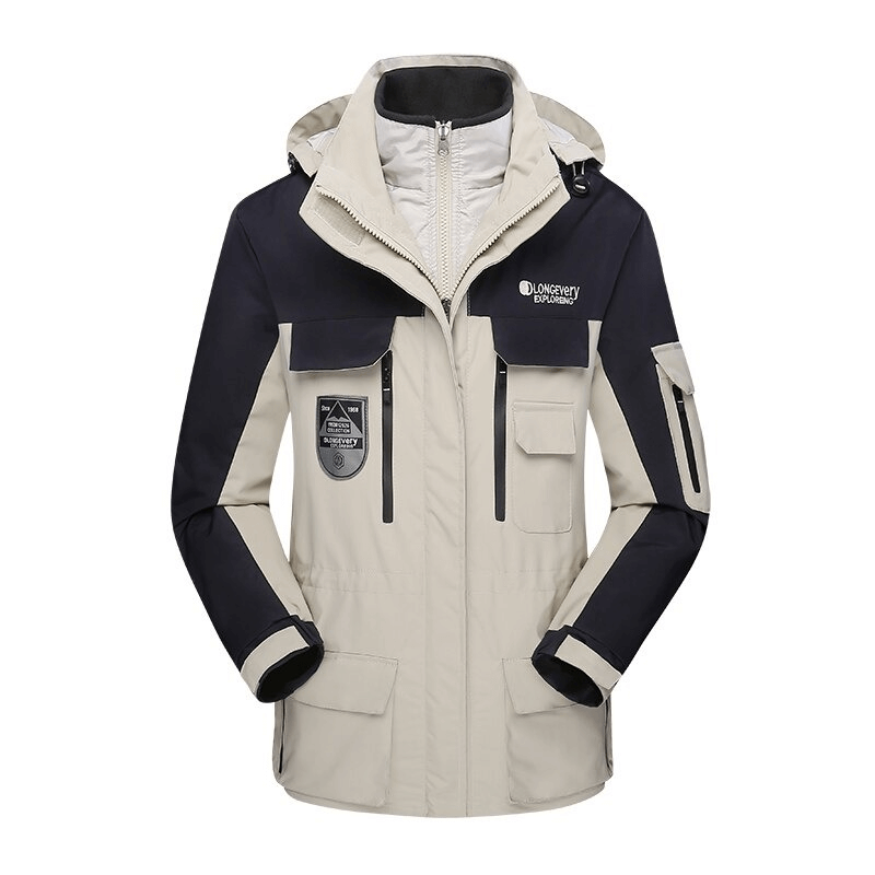 3 in 1 Warm Skiing Snowboard Jacket with Hood and Cuff Velcro in beige and black - SF0608