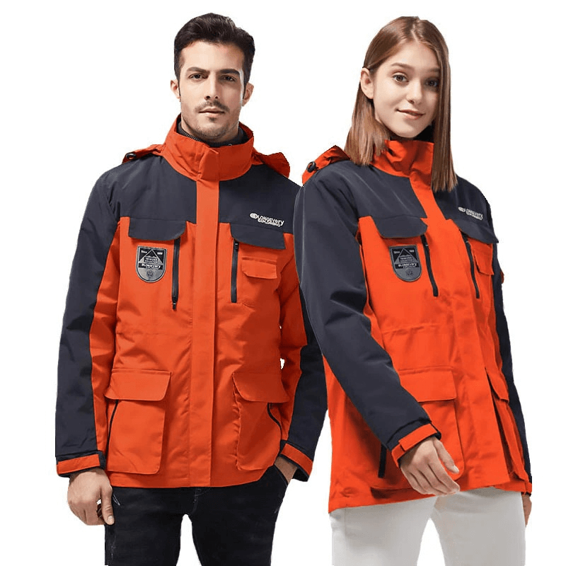 Unisex orange and black 3 in 1 skiing snowboard jacket with hood and velcro cuffs, perfect for warmth and protection on the slopes.
