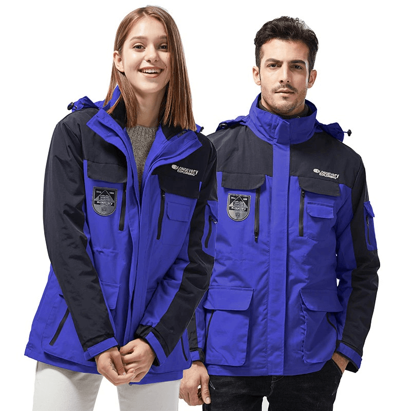 Unisex 3 in 1 Warm Skiing Snowboard Jacket with Hood and Velcro Cuff, shown in blue, perfect for winter sports.