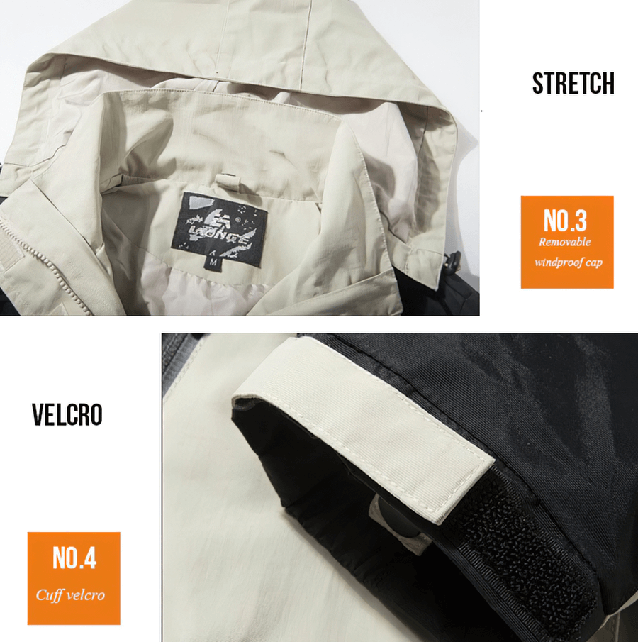 Close-up of 3 in 1 ski jacket showing removable hood and cuff velcro, featuring windproof and waterproof design for winter sports.