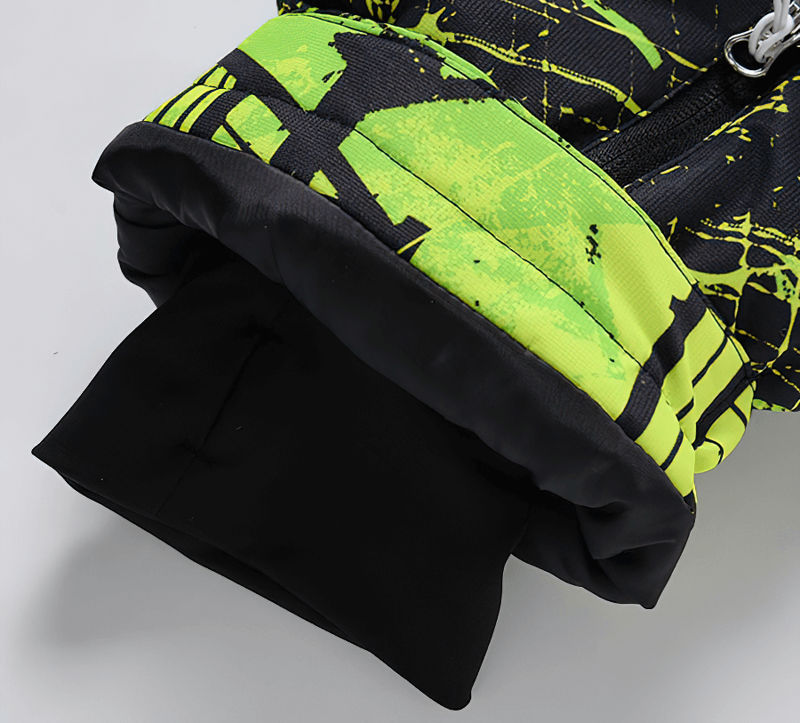 Vibrant Minus 30 waterproof snowboarding jacket sleeve close-up, showcasing colorful design and insulated protection.