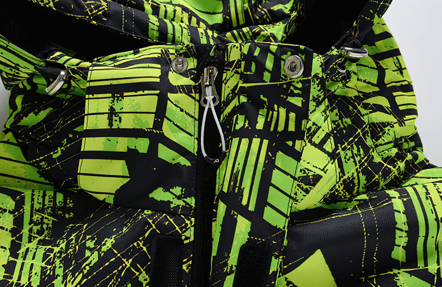 Colorful waterproof snowboard jacket with vibrant green abstract pattern, highlighting hooded design and durable zipper.