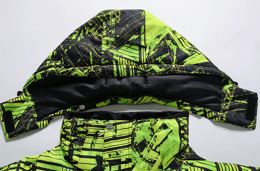 Colorful hooded Minus 30 waterproof men's snowboarding jacket showcasing vibrant green design.