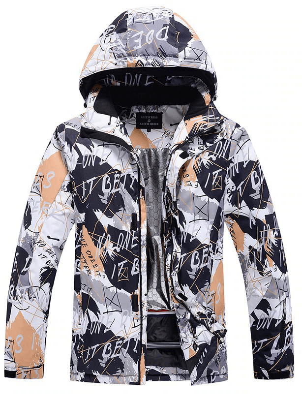 Colorful waterproof snowboarding jacket with hood for men's winter sports.