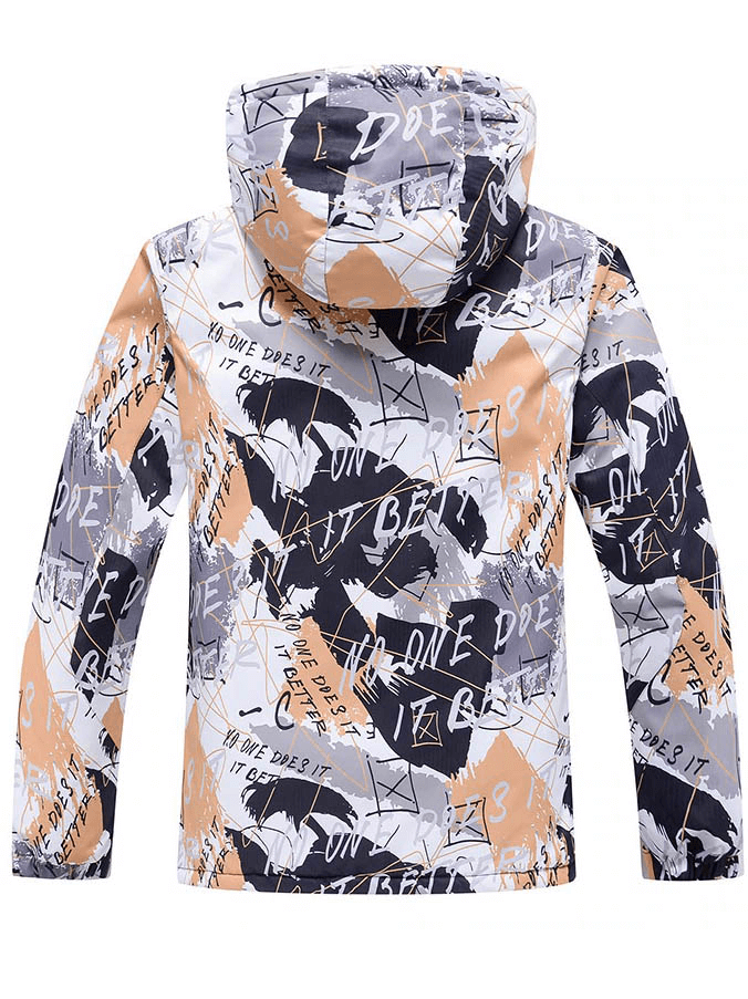 Colorful waterproof men's jacket with abstract design, ideal for skiing and snowboarding. Hooded for ultimate weather protection.
