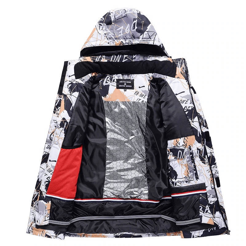 Men's colorful waterproof snowboard jacket with hood, Minus 30 brand, open view showing inner lining for warmth and style, model SF0605.