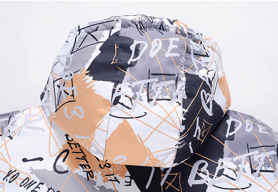 Close-up of the hood of the Minus 30 Warm Colorful Men's Snowboarding Jacket with abstract design and graffiti patterns.