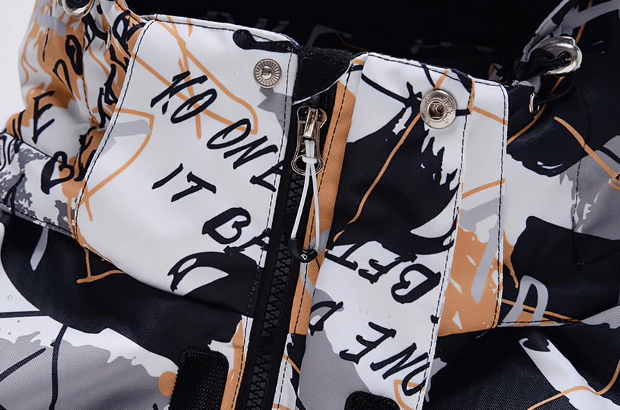 Close-up of Minus 30 colorful men's snowboard jacket with artistic design, showcasing waterproof fabric and hooded collar. Model SF0605.