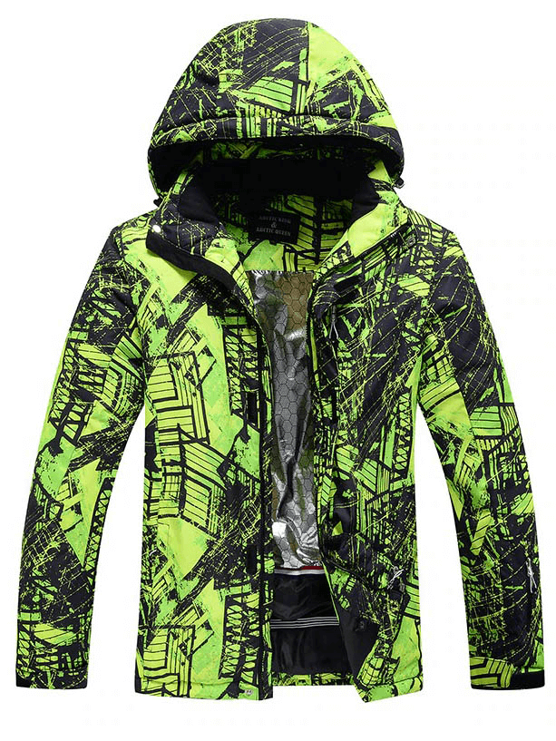 Bright green and black waterproof snowboarding jacket with hood designed for warmth and style. Ideal for skiing adventures. Model SF0605.