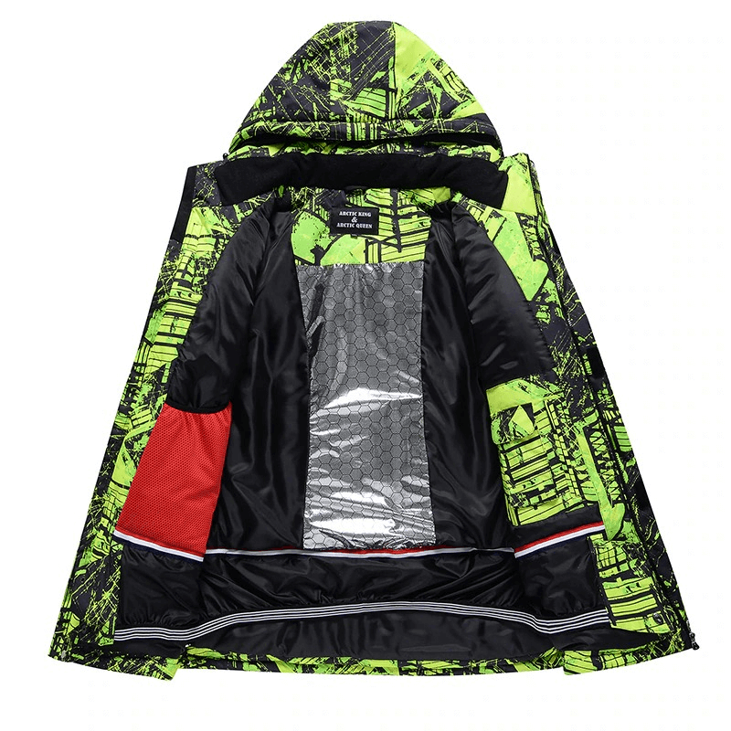 Minus 30 colorful men's jacket, open view with hood, showcasing waterproof and windproof inner lining, ideal for snowboarding.