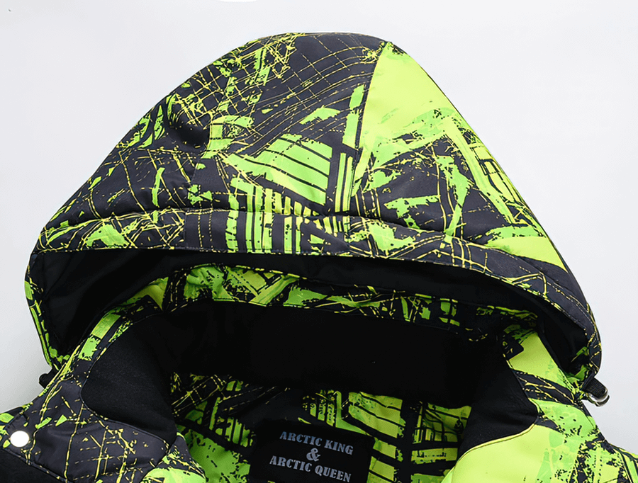 Close-up of colorful hooded Minus 30 Men's Jacket, vibrant waterproof snowboarding clothing, black and green abstract design, SF0605.