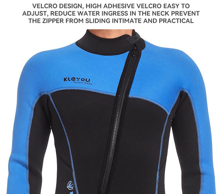 3MM Neoprene Blue and Black Wetsuit with Front Zipper, Velcro Neck Closure, Ideal for Thermal Diving and Swimming