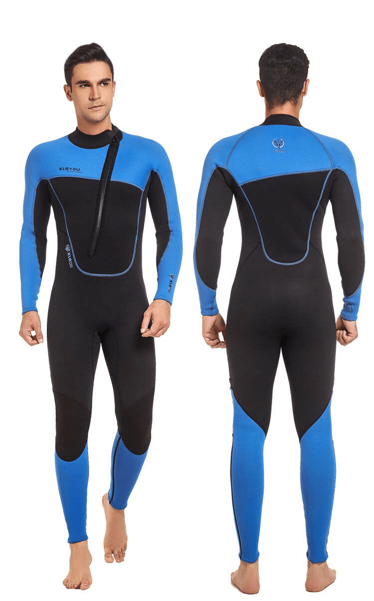 Front and back view of a men's 3MM neoprene wetsuit with front zipper, stylish patchwork design in black and blue, ideal for diving.