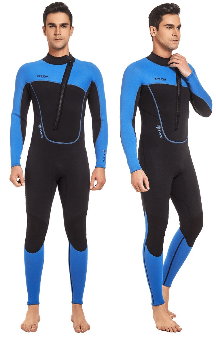 3MM neoprene front zipper wetsuit for men, blue and black, designed for thermal diving and swimming, featuring stylish patchwork.