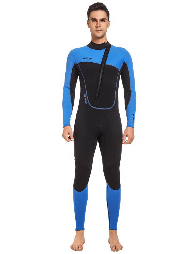 3MM Neoprene Front Zipper Wetsuit for men in blue and black with patchwork design. Ideal for thermal diving and swimming.