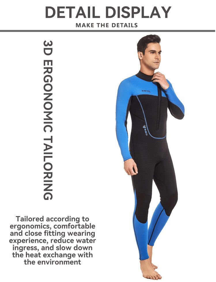 Man wearing 3mm neoprene front zipper wetsuit with blue and black patchwork design, showcasing ergonomic tailoring for comfort and flexibility.