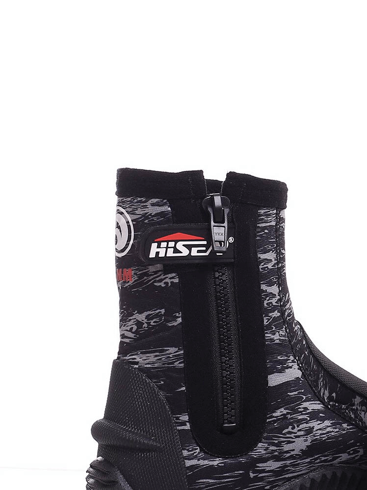 Camouflage 5MM Neoprene Zipper Diving Boot with logo, slip-resistant rubber outsole, and waterproof design, perfect for water sports.