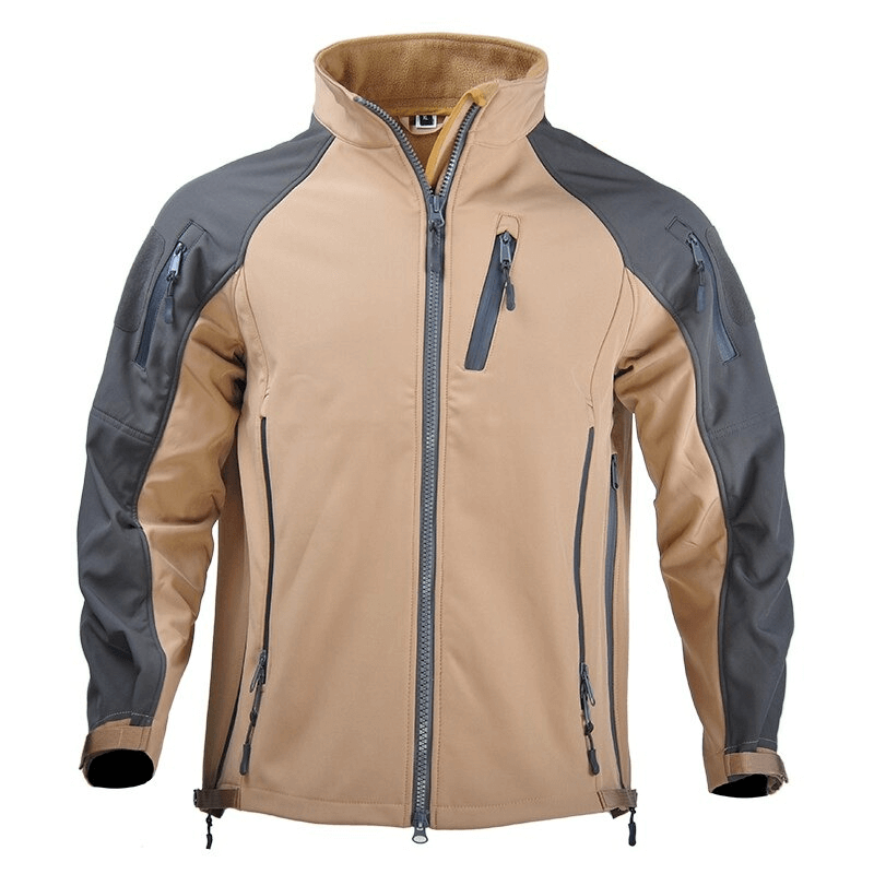 Adjustable cuffs velcro softshell hiking jacket with zipper, windproof and waterproof, tan with gray accents - SF0677.