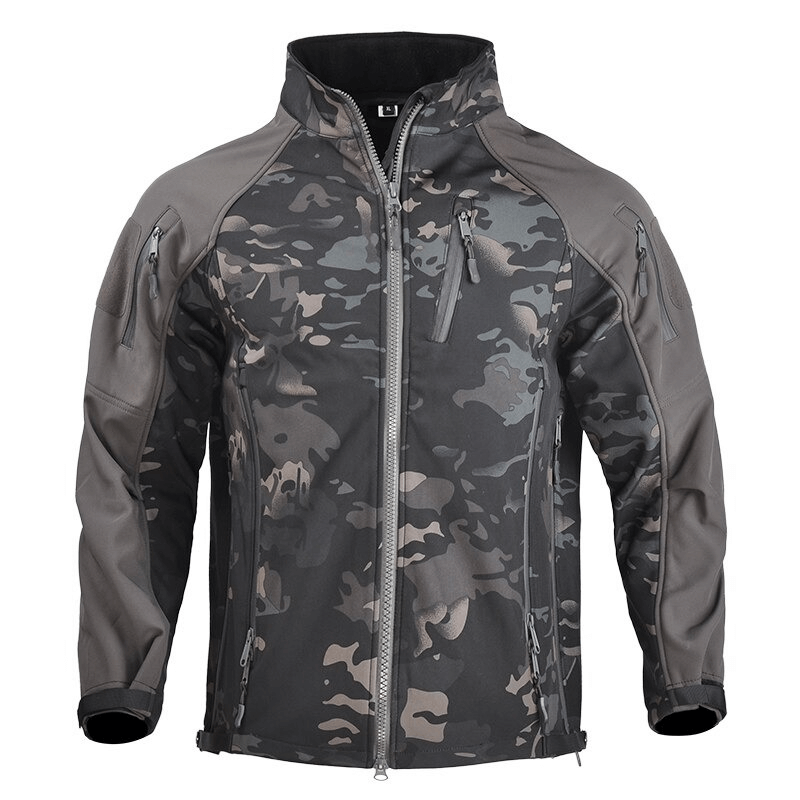 Camouflage adjustable cuffs softshell hiking jacket with velcro and zipper, windproof and waterproof design for outdoor adventures.