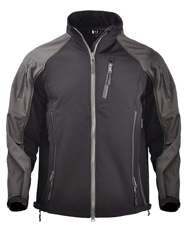 Black adjustable cuffs velcro softshell hiking jacket with zipper, windproof and waterproof design, ideal for outdoor adventures.