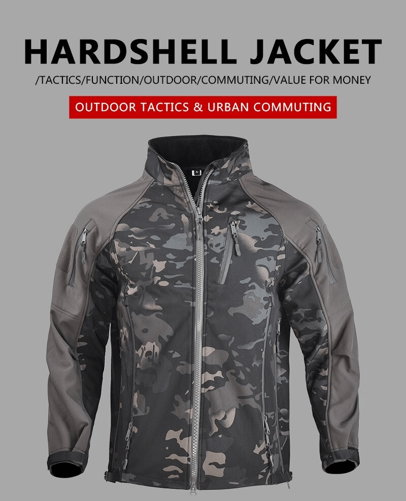Camouflage hardshell jacket with adjustable cuffs, perfect for outdoor tactics and urban commuting.