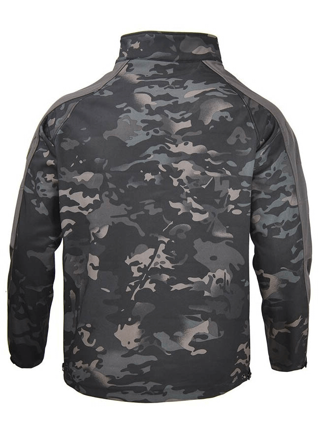 Camouflage adjustable cuffs softshell jacket with velcro and zipper, windproof and waterproof, perfect for hiking adventures.