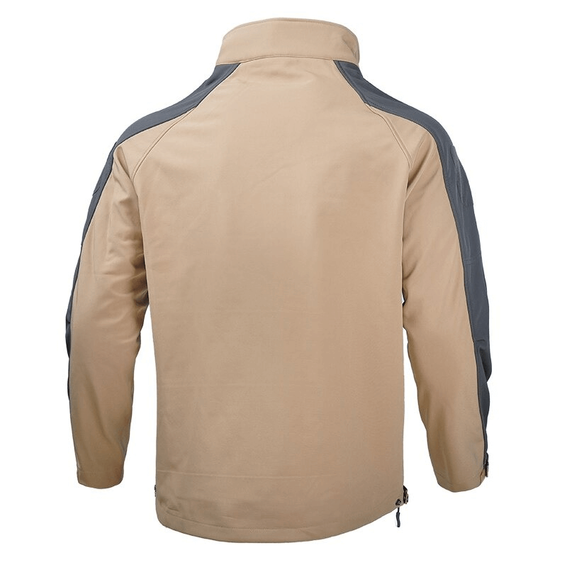 Back view of beige and gray adjustable velcro cuffs softshell hiking jacket, featuring windproof and waterproof design - SF0677.