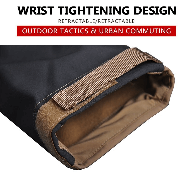 Close-up of adjustable velcro cuff on a windproof softshell hiking jacket, perfect for outdoor tactics and urban commuting.