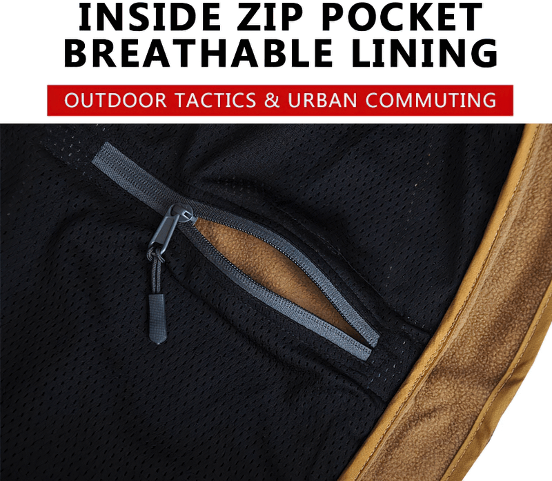 Breathable lining and inside zip pocket for hiking jacket, ideal for outdoor tactics and urban commuting.