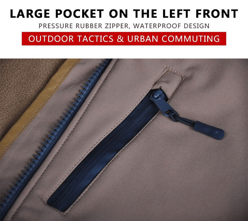 Close-up of waterproof zipper pocket on softshell hiking jacket for outdoor tactics and urban commuting.