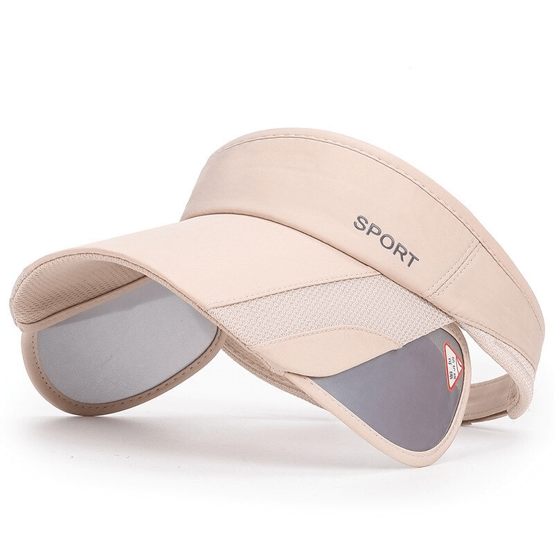 Adjustable strap UV protection sports sun visor in beige with mesh design, ideal for golf. Offers 95% sun protection.
