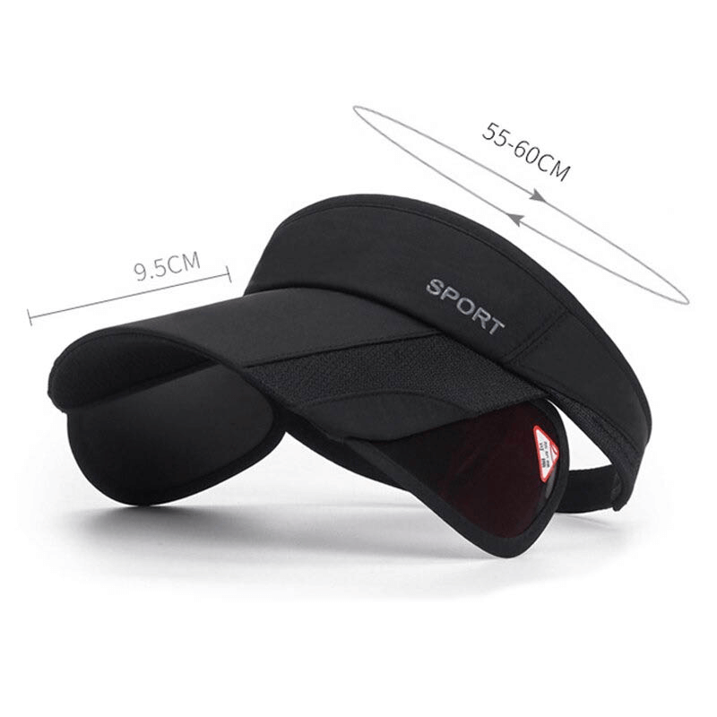 Black adjustable strap UV protection golf hat with sun visor, showing measurements. Perfect for outdoor sports and sun shielding.