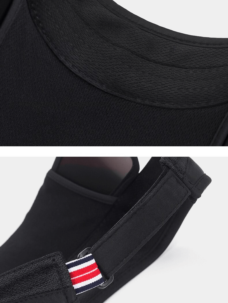 Close-up of adjustable strap and UV protection feature of black golf hat with red-striped detail, showing durable polyester fabric.