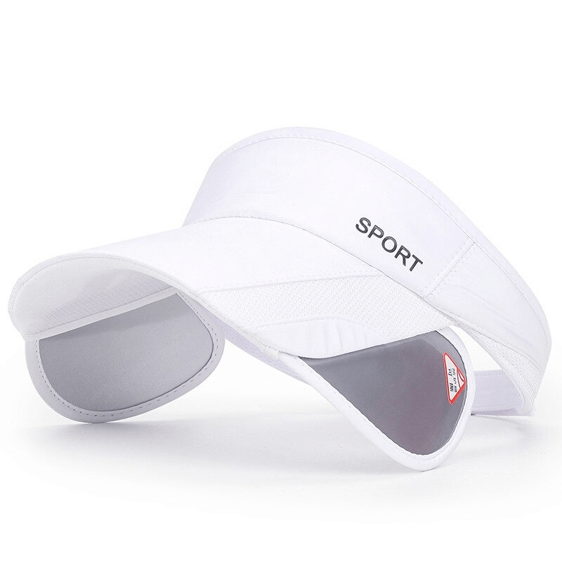 Adjustable white sports sun visor with UV protection and "SPORT" text, ideal for golf and outdoor activities. Model SF0546.