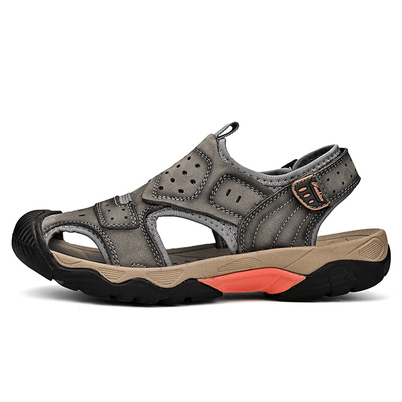 Anti-collision toe genuine leather hiking sandals with rubber sole, breathable lining, and hook & loop closure for men, model SF1056.