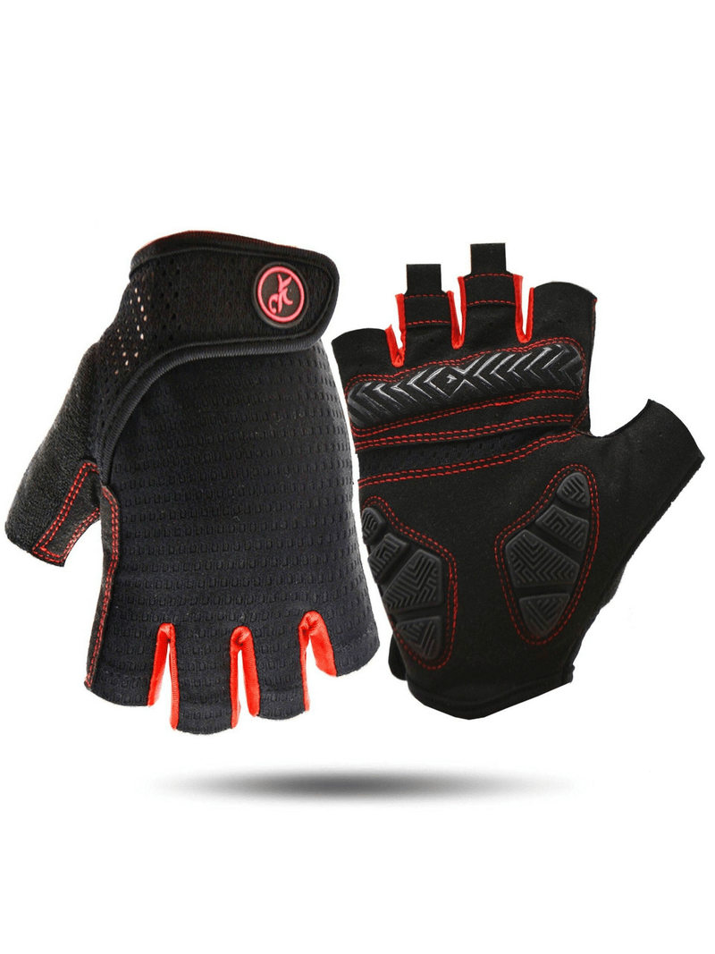Anti-Shock Breathable Half Finger Motorcycle Cycling Gloves SF0535 with red accents, unisex, durable polyester and microfiber.