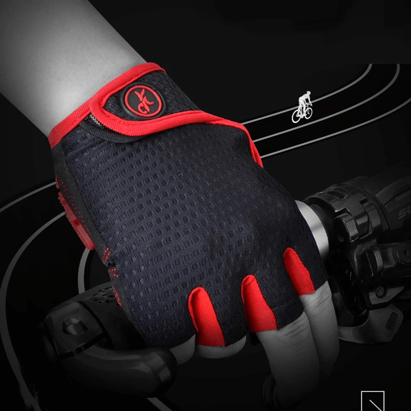 Unisex anti-shock breathable half-finger cycling gloves in black and red, perfect for outdoor adventures. Model SF0535.