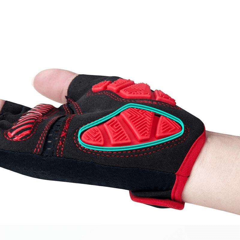 Close-up of unisex anti-shock breathable half-finger motorcycle cycling glove, showcasing red and black design for outdoor activities.
