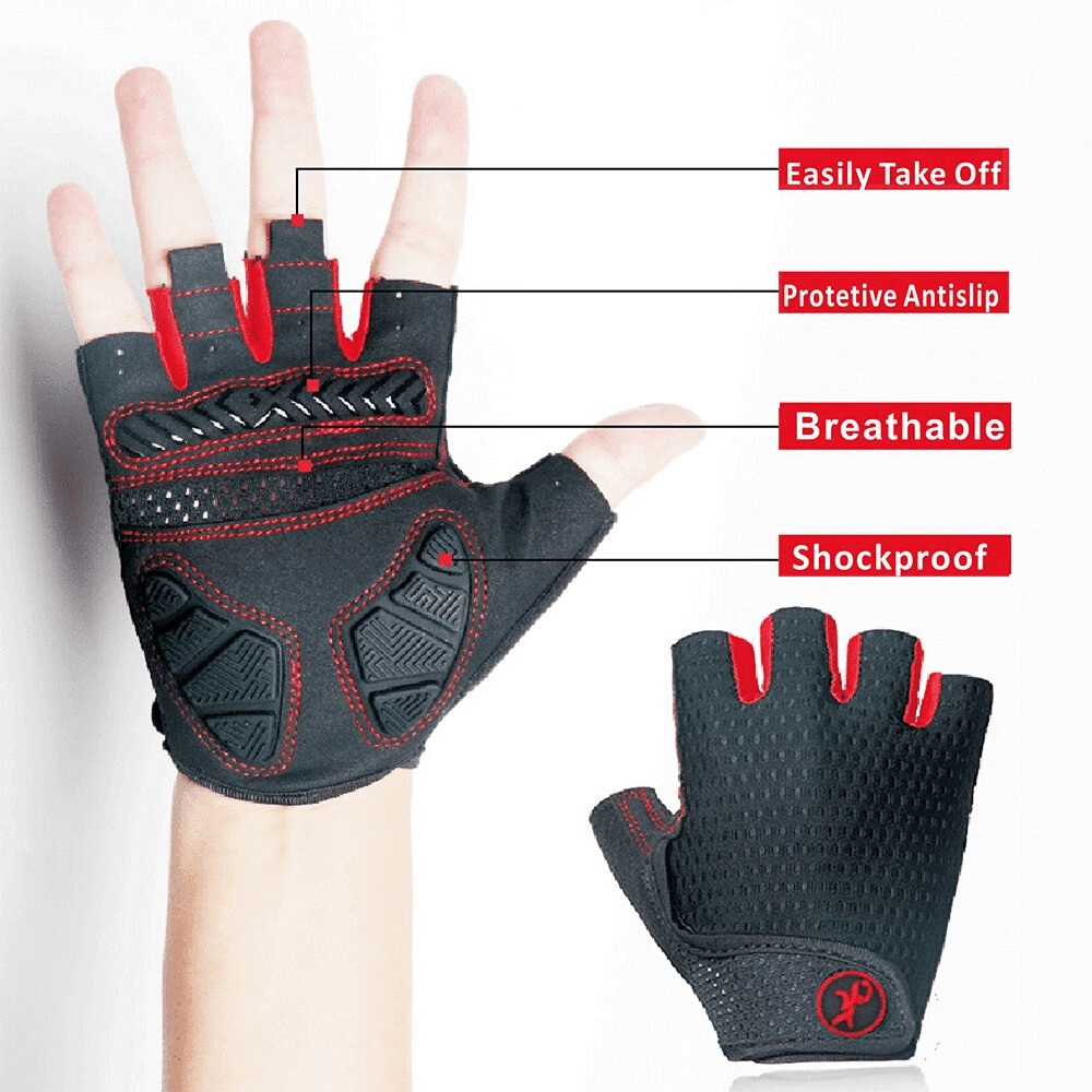 Unisex breathable anti-shock half finger cycling gloves with red accents, showcasing protective features for outdoor adventures.